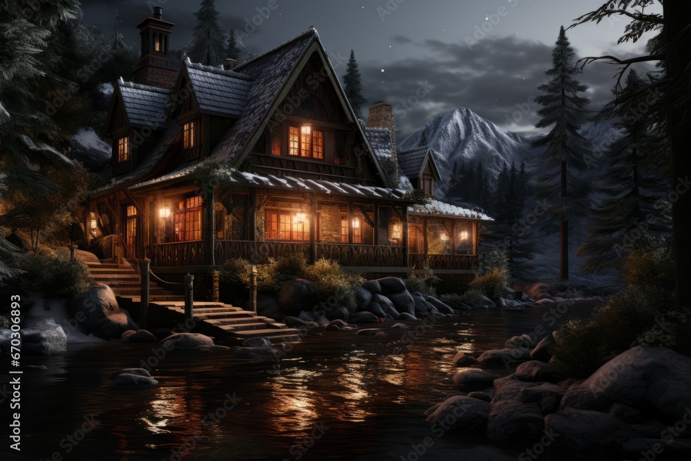 Cozy cabin in the woods with snow Cozy cabin in the woods with snow