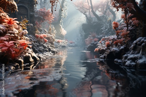 Frozen river in a winter forest