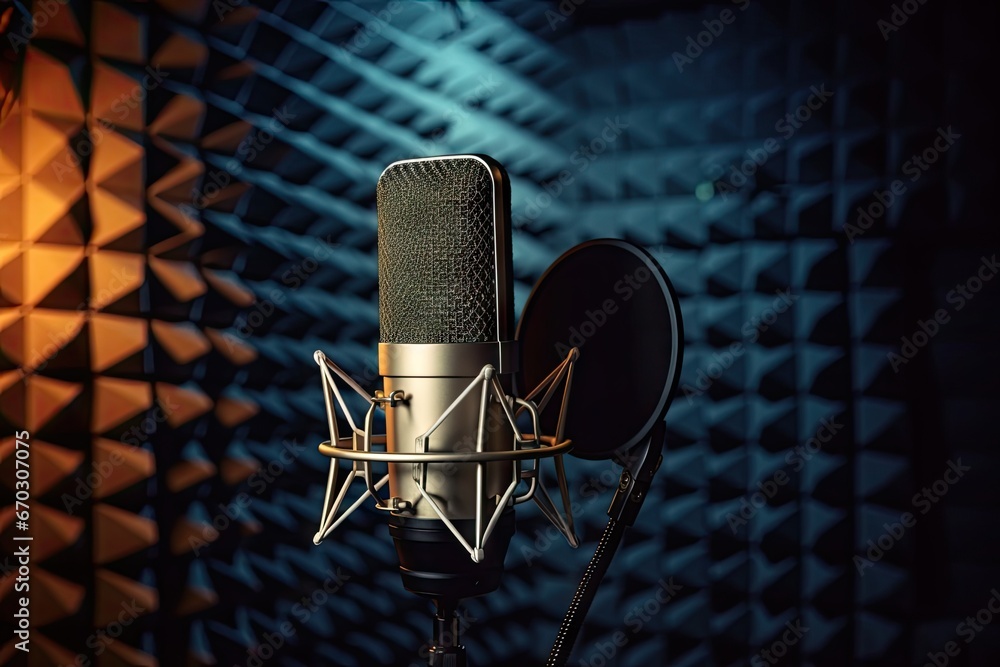 studio recording microphone professional modern broadcasting broadcast acoustic condenser media music editing composer sound show broadcaster absorption digital tube vocalist technology - obrazy, fototapety, plakaty 