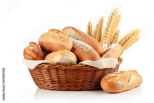 white isolated basket wicker rolls bread loaf baguette grocery variety assorted bun eating symbol product consumption wheat tradition taste table sunflower shopping seed sandwich rye piece