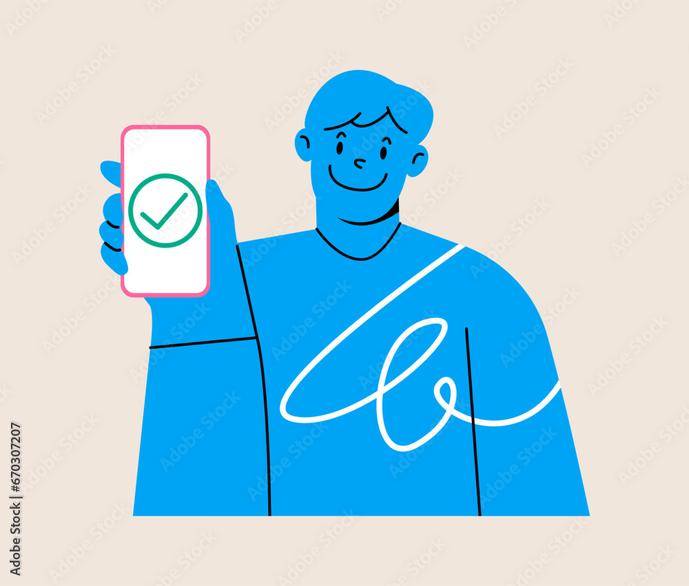 Clip art of a man showing a smartphone. Colorful vector illustration