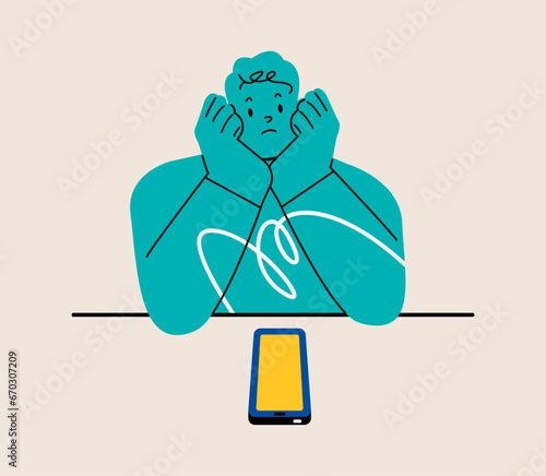 Worried man looking at smartphone in waiting of message or phone call. Colorful vector illustration