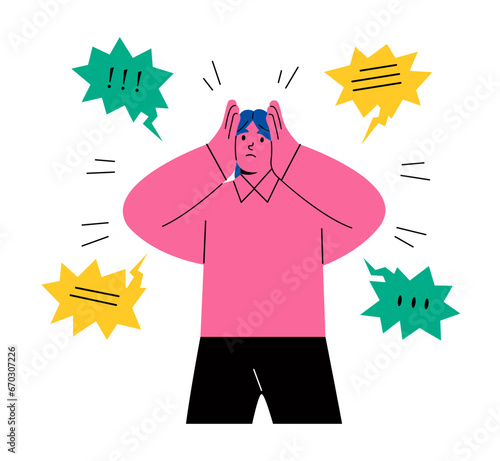 Stressed business woman frustrated by comments. Flat vector illustration isolated on white background