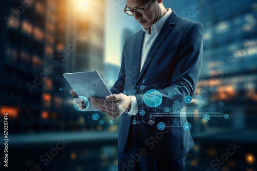 marketing gital innovative strategy business connection network global customer icon technology chart graph growth economic data sales analyzing tablet using businessman finance banking