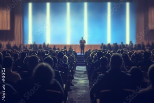 audience participant unrecognized view rear hall conference meeting business talk giving speaker symposium entrepreneurship silhouette man event presentation seminar corporate lecture photo