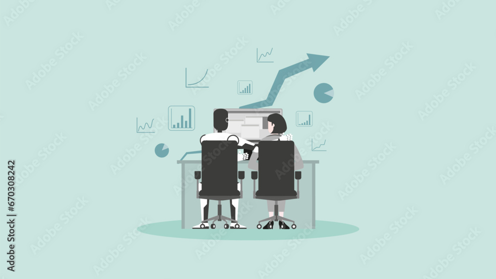 AI technology concept of business assistant, consultant, and support. The advantages of Artificial Intelligence user is growth a graph, marketing opportunity, and financial profit. Hand drawn vector.