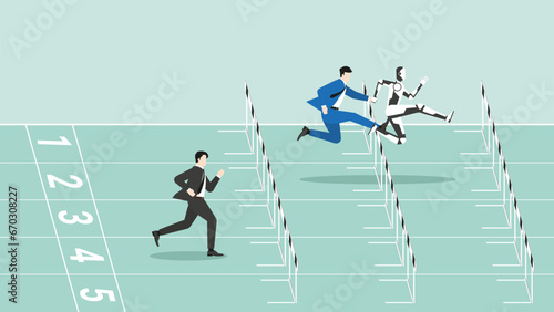 AI technology concept of business assistant, consultant, and support. The advantages of Artificial Intelligence user is leader, winner, and faster in a race track competition. vector flat style.
