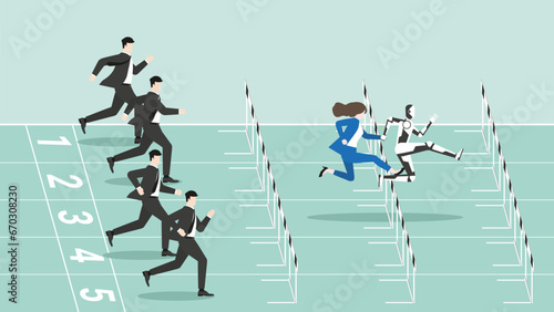 AI technology concept of business assistant, consultant, and support. The advantages of Artificial Intelligence user is leader, winner, and faster in a race track competition. vector flat style.