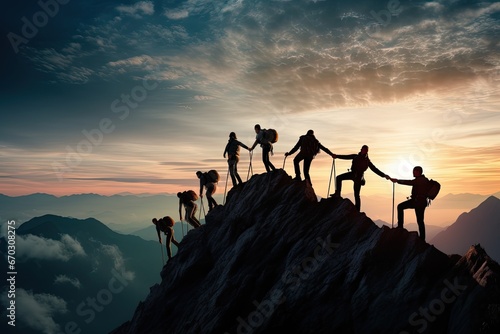 concept business success trekking travel work team helping climbing mountain peak people Group together hand leadership trust collaborating hope support sunset freedom motion active help climb photo