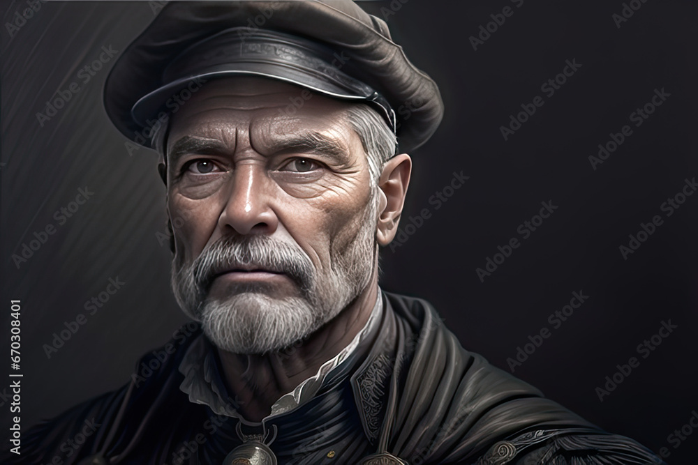 Illustrated Older Man with White Hair and Beard Wearing Hat Dark Background