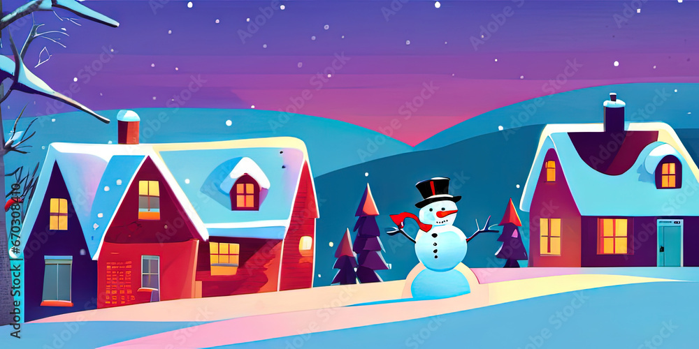 Illustrated Toon Winter Landscape with Snowman and Two Houses Illustrated Toon Winter Landscape with Snowman and Two Houses