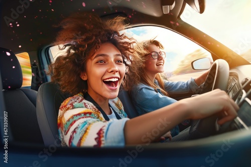 car together driving girlfriends young laughing two friendship girlfriend happiness 20s adult attractive beautiful buddy carefree caucasian city confident copy space