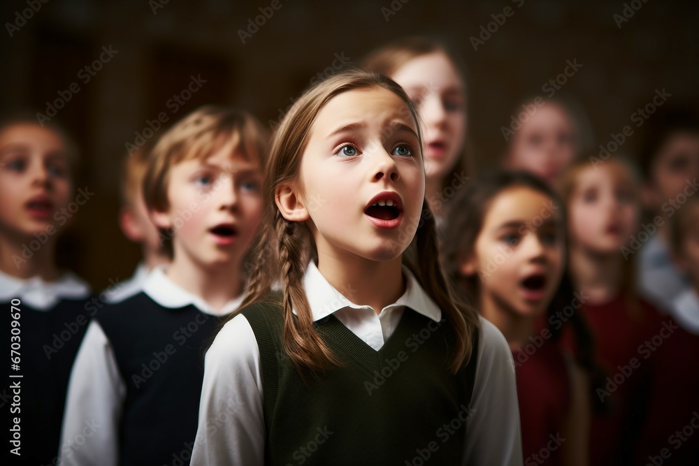 together choir singing children school group music lesson learning pupil education girl boy student practicing class classroom happy smiling having