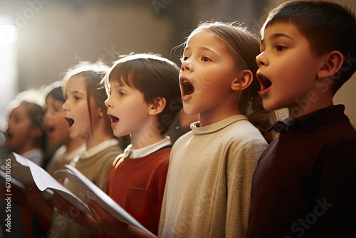 together choir singing children school group music lesson learning club pupil education girl student practicing class classroom happy smiling having photo