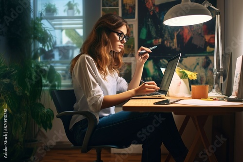 office home computer working woman young line always She business work online house laptop table project white hot drink adult cyberspace cup notebook casual attire people caucasian technology cute