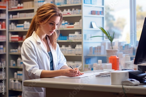 counter pharmacy computer using while medication holding pharmacist female young portrait shop chemist working doctor apothecary service desktop pc medicine electronic mail technology