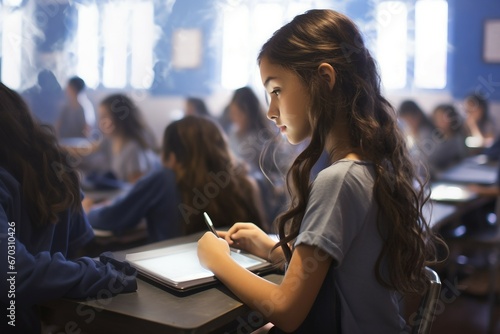 tablet class studies girl computer communication friends study touch screen connection touching people app children looking education digital elementary schoolgirl school chair photo