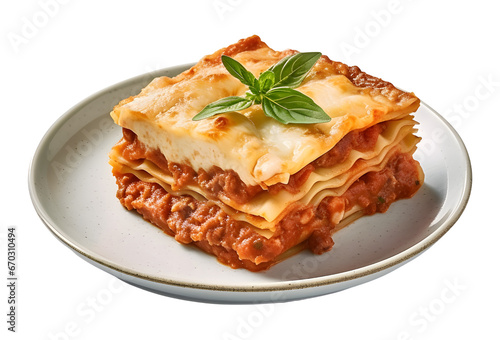 Lasagna on a plate isolated on transparent or white background.