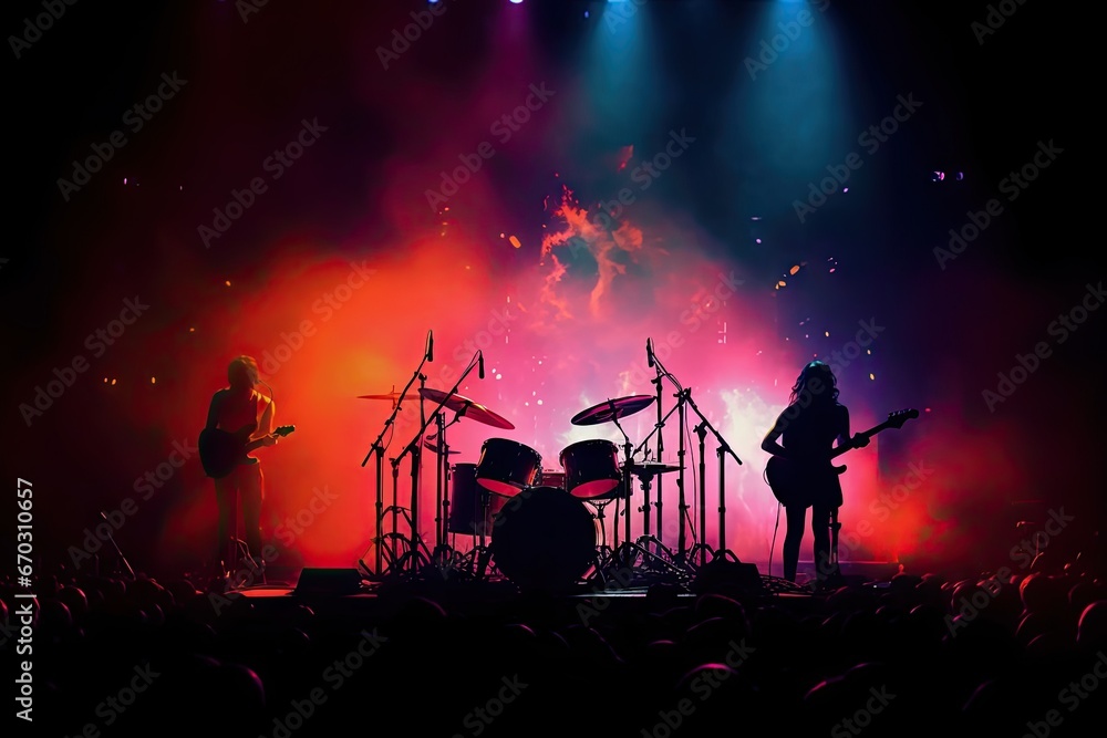 space copy background colorful silhouettes instruments music festival rock stage concert instrument silhouette drum group electric smoke sound