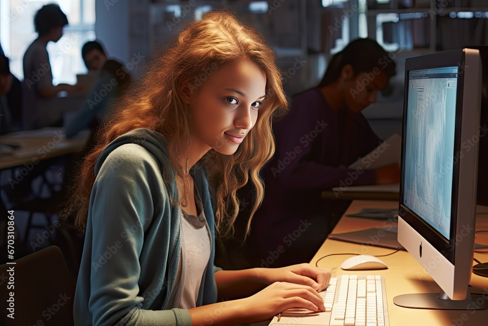 classroom computer using student college female studying class lesson ...