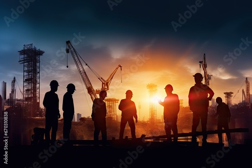 together images reference multiple create fair light background industry blurred site working team construction engineer silhouette business industrial building men at work safety