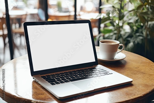 design creative marketing shop coffee desk information search business contact laptop using woman hand text advertising background white computer screen blank image mockup  computer laptop