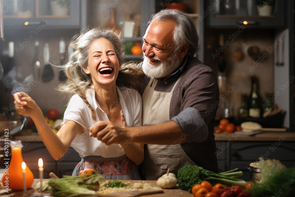 seniors active together time spending nner romantic meal food cooking preparing kitchen dancing parents family couple mature aged middle cheerful happy cook