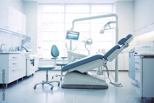modern dental practice office dentist chair dentistry cabinet care nobody clean room clinic computer design equipment furniture health hospital hygiene indoor industry inside interior blue lamp