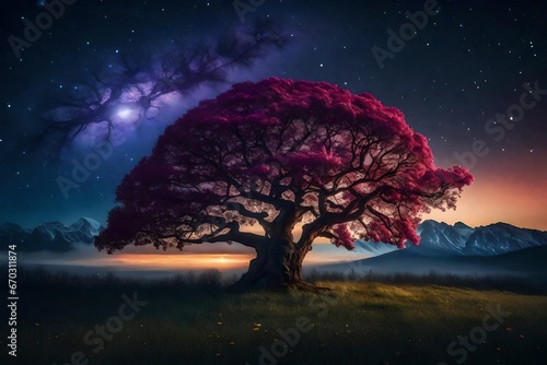 Beautiful tree with night sky and colorful ambiance. Fantasy concept art illustration.