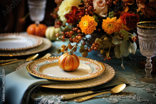 Thanksgiving festive table setting with autumnal decor for party