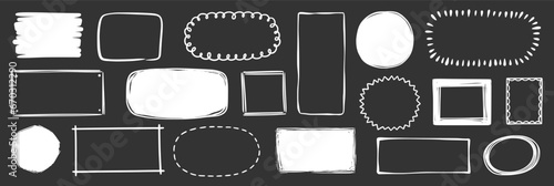 Hand drawn doodle frame on chalkboard background. Box, square, rectangle, circle shape brush pen line stroke scribble element. Hand drawn simple oval, square frame text border. Vector illustration