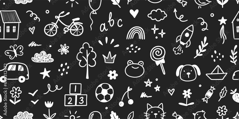 Kindergarten doodle vector chalkboard background. Hand drawn doodle style children cute seamless pattern, preschool wallpaper. Kids education simple background. Vector illustration Kindergarten doodle vector chalkboard background. Hand drawn doodle style children cute seamless pattern, preschool wallpaper. Kids education simple background. Vector illustration