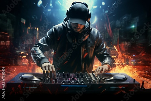 turntables dj disco club celebrate party dance music hang up effect stage blend smoke headpiece man person photo