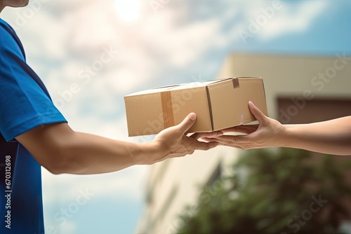 deliveryman boxes delivery accepting hand woman  delivery box man cardboard young men at work courier holding package service male parcel job asian shipment uniform deliver postal shipping photo
