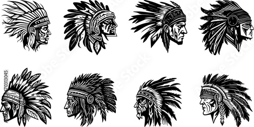 Set of indian tribe head. Indian tribe emblem silhouette isolated. Indian tribe tatto design