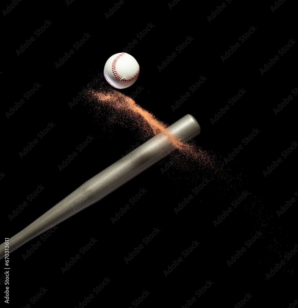 Baseball player hit ball with silver bat and sand soil explode in air. Baseball players in dynamic action hit ball smoke tail. Black background isolated freeze action Baseball player hit ball with silver bat and sand soil explode in air. Baseball players in dynamic action hit ball smoke tail. Black background isolated freeze action