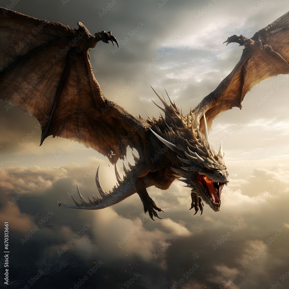 terrifying flying dragon in flight - obrazy, fototapety, plakaty 