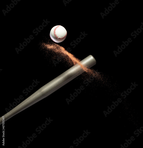 Baseball player hit ball with silver bat and sand soil explode in air. Baseball players in dynamic action hit ball smoke tail. Black background isolated freeze action