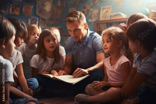 Story Read Teacher Female Listening Floor Sitting Pupils School Elementary Group education woman reading book pupil student class classroom primary learning teaching literacy children boy photo