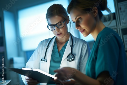 office doctors papers patient checking eyeglasses nurses professional two view close   doctor nurse patient hospital woman office people physician medicals clinic stethoscope closeup health photo