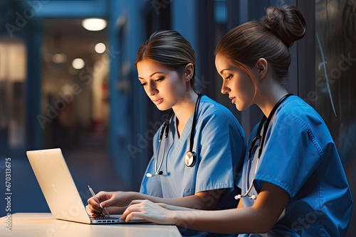 laptop using workers healthcare female beautiful two doctor nurse medicals men at work health care woman computer modern hospital clinic clinical job intern blue scrub stethoscope window photo