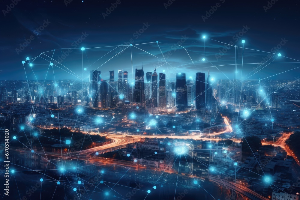 night background city concept technology connection network wireless scape modern earth wi-fi futuristic cyberspace future landscape abstract binary blue building business communication