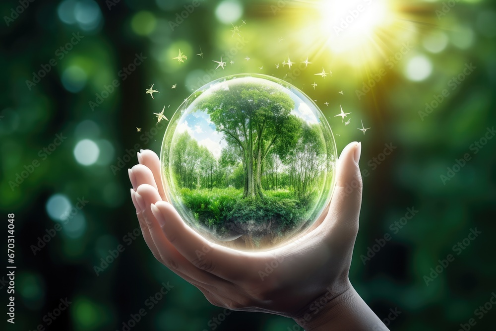 concept environment ecology background summer nature tropical tree green globe protecting hands  environment nature plant ecology earth energy green global icon background technology - obrazy, fototapety, plakaty 