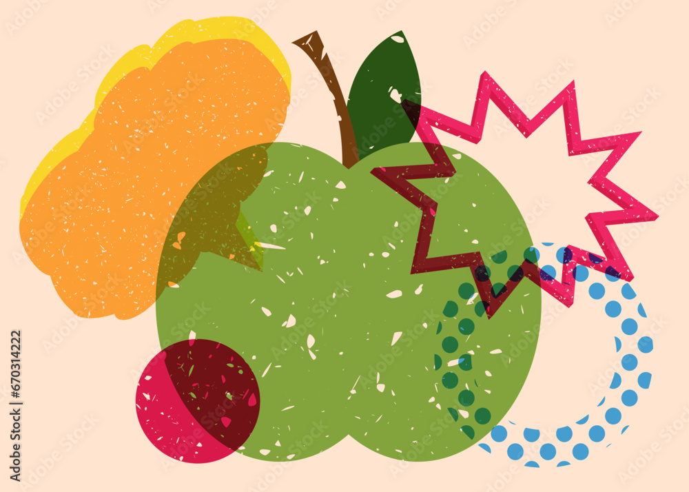 Fototapeta premium Risograph apple with speech bubble with geometric shapes. Objects in trendy riso graph print texture style design with geometry elements.