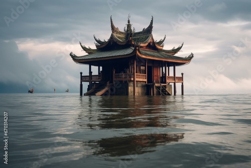 Floating temple in the water. Generative AI