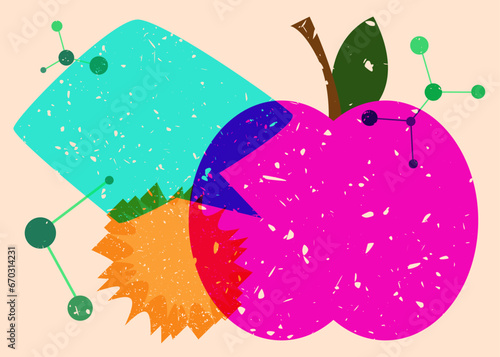 Risograph apple with speech bubble with geometric shapes. Objects in trendy riso graph print texture style design with geometry elements.