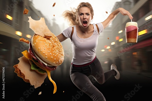 food fast fighting woman young fit   fast food food woman lifestyle nourishment fit cheeseburger unhealthy fitness girl eat hamburger fast burger sandwich defend health bad concept fats