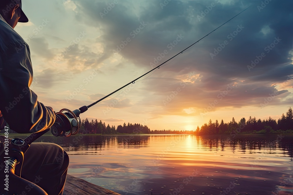 background Fishing sunset lake fisherman hand closeup man action hobby fresh water leisure activity catching reel rod sport angling spinning summer sunlight angler line casting braid forest boat bac - obrazy, fototapety, plakaty 