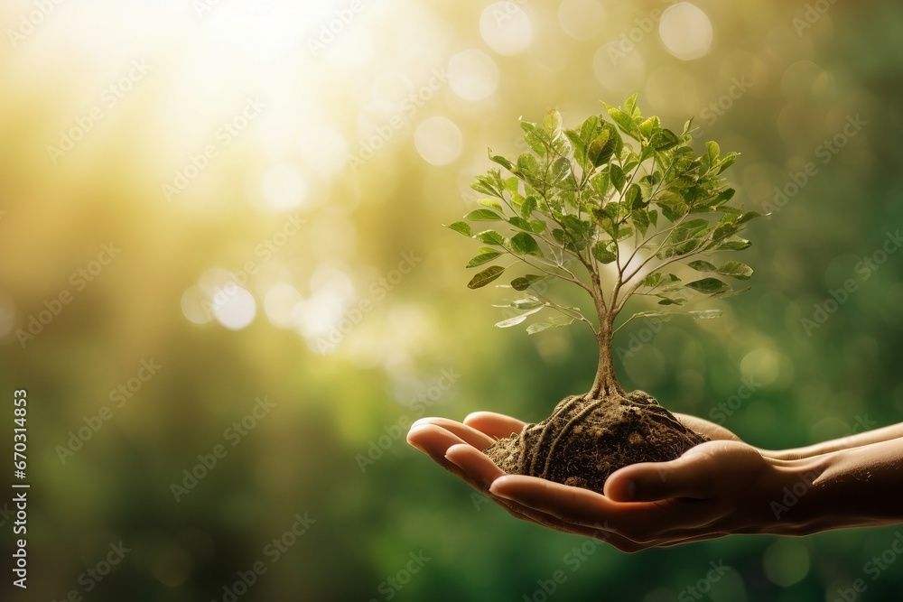 sunshine background green growing tree big holdig hand   environment earth day green eco tree earth background concept friendly ecosystem environmental ecology hand sustainable nature - obrazy, fototapety, plakaty 