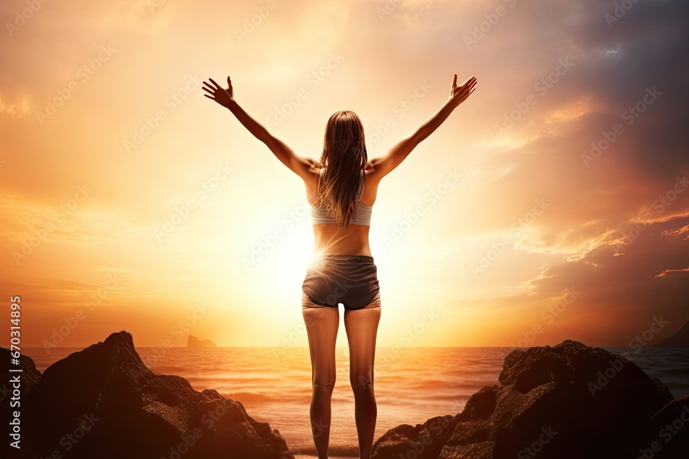 Concept Success Susnet Woman Fitness Successful Happy sport physical exercise wellness young goal sun summer outdoors training arm freedom girl background up best runner sportswoman sunset backlight